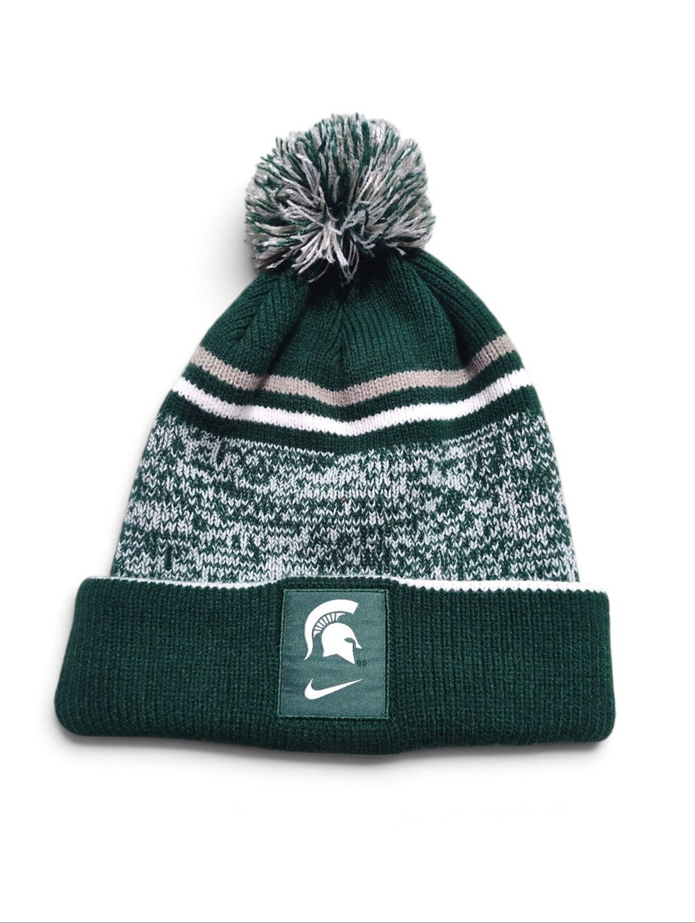 Unisex Heathered Green White Striped Cuffed Beanie Removeable Pom